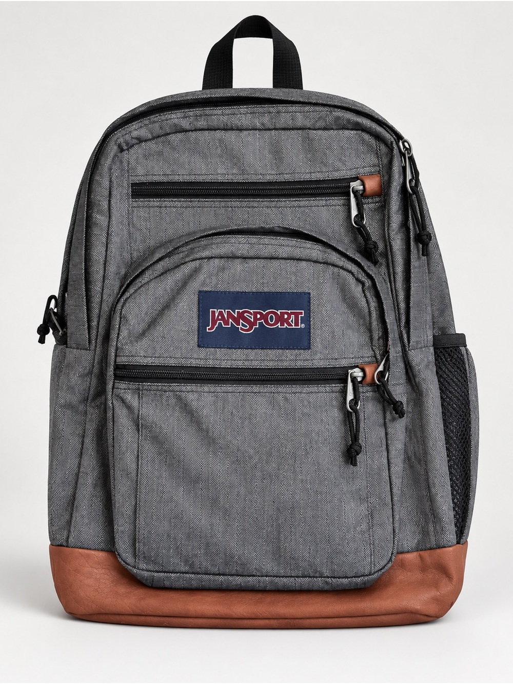 JanSport Cool Student Gray Herringbone Brown Faux Leather Laptop Backpack